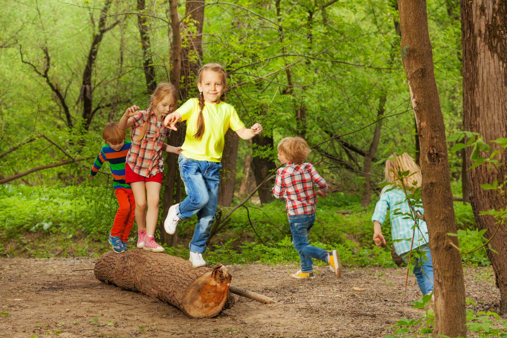 Cute Little Kids Playing on a Log in the Forest
